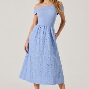 Off Shoulder Eyelet Midi Dress